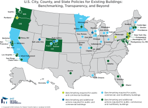 Map of U.S. policies for existing buildings' benchmarking, transparency, and beyond.