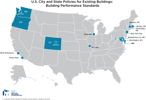 Map highlighting U.S. areas like Seattle, Denver, and New York, related to building performance standards.