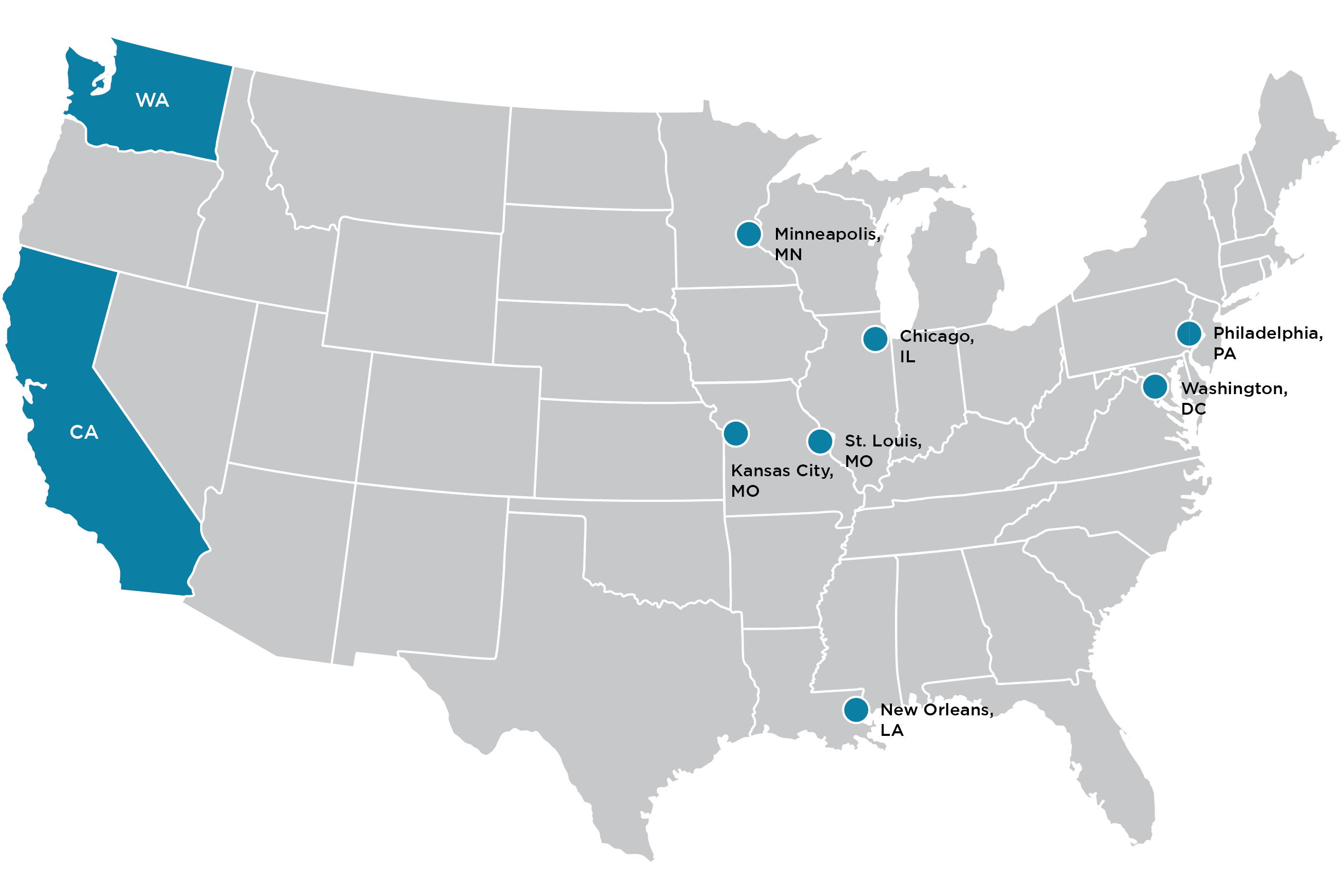 The nine SEBP locations: California; Washington State; Chicago, IL; New Orleans, LA; St Louis, MO; Kansas City, MO; Minneapolis, MN; Washington, DC; Philadelphia, PA