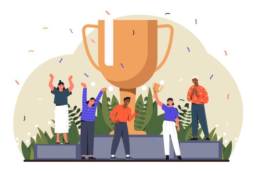 Illustration of people getting an award giant trophy confetti