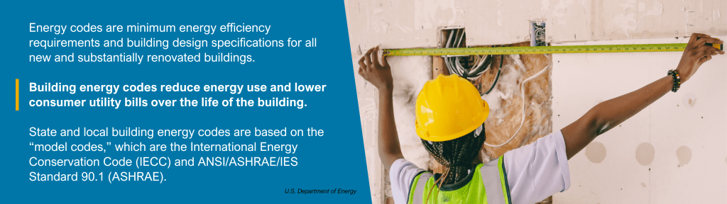 An image of a Black woman measuring a wall for insulation with the words: "Energy codes are minimum energy efficiency 
requirements and building design specifications for all 
new and substantially renovated buildings. 

Building energy codes reduce energy use and lower consumer utility bills over the life of the building. 

State and local building energy codes are based on the “model codes,” which are the International Energy Conservation Code (IECC) and ANSI/ASHRAE/IES Standard 90.1 (ASHRAE)." attributed to U.S. Department of Energy.