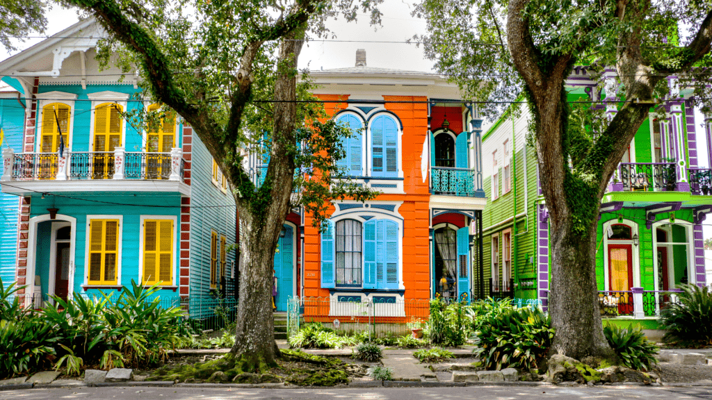 Stock images of colorful homes possibly in New Orleans