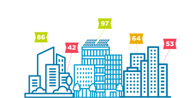 Building icons with numbers indicating energy scores