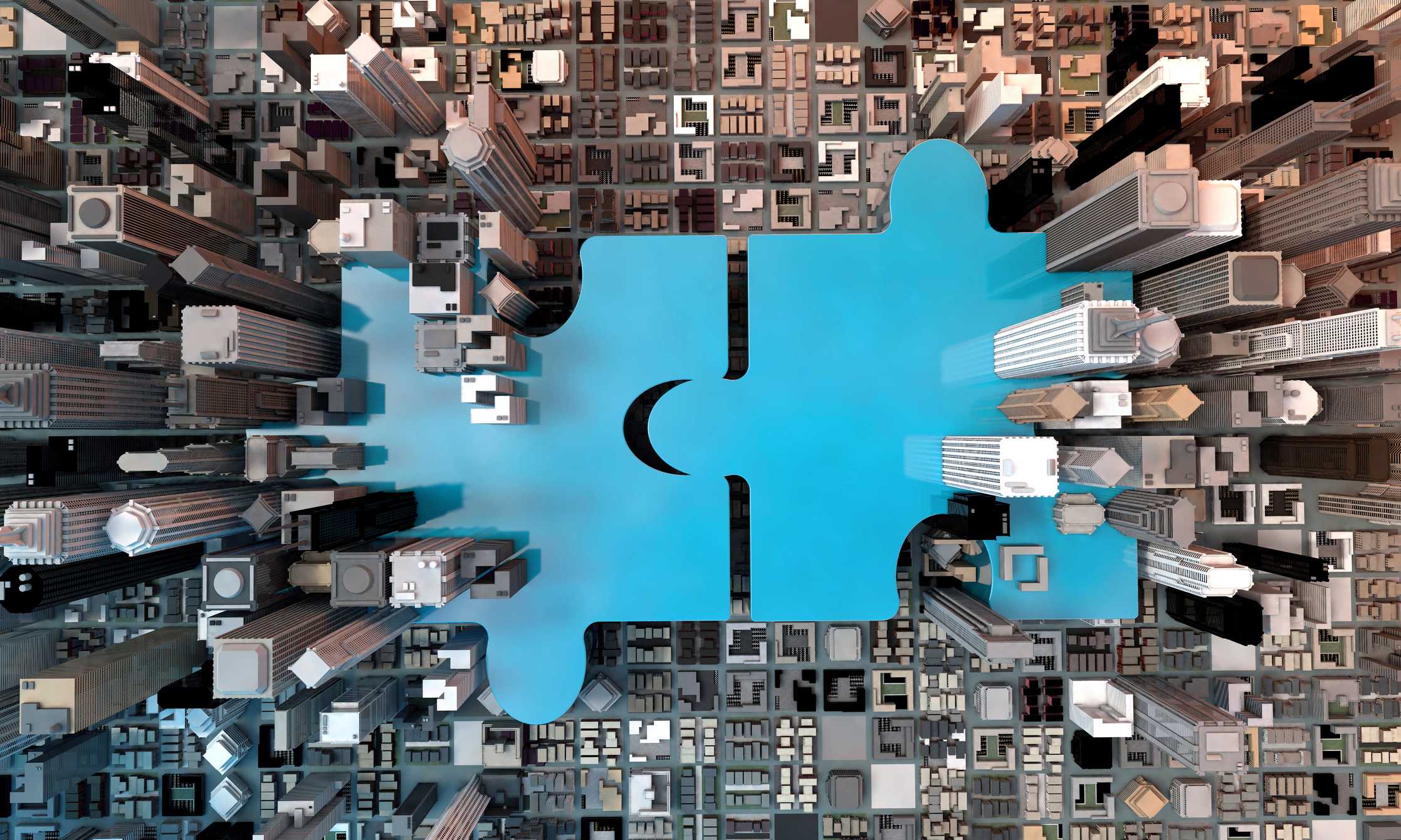 Buildings connected by blue puzzle pieces 