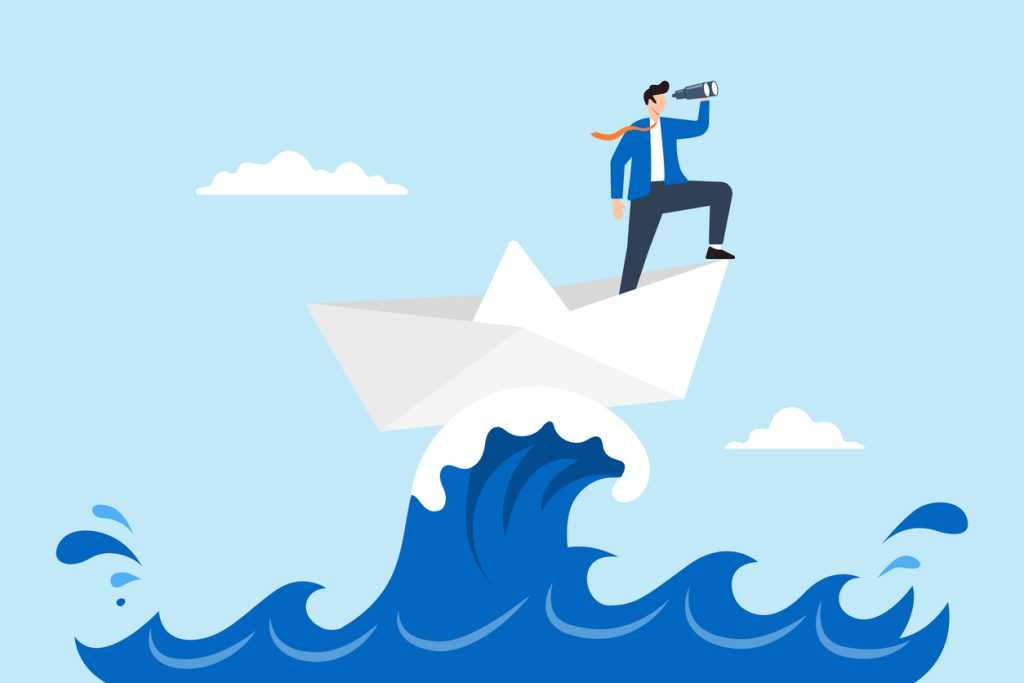 Flat illustration of businessman leader look through binocular on ship in stormy ocean symbolizing navigating challenge with vision