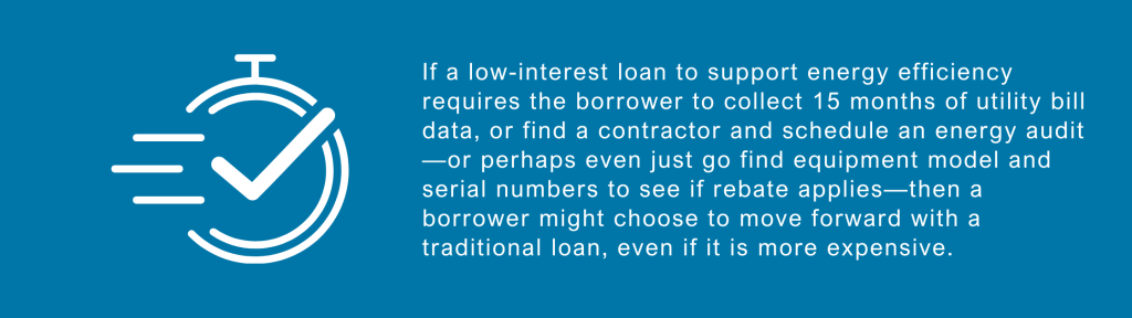 If a low-interest loan to support energy efficiency requires the borrower to collect 15 months of utility bill data, or find a contractor and schedule an energy audit—or perhaps even just go find equipment model and serial numbers to see if rebate applies—then a borrower might choose to move forward with a traditional loan, even if it is more expensive.