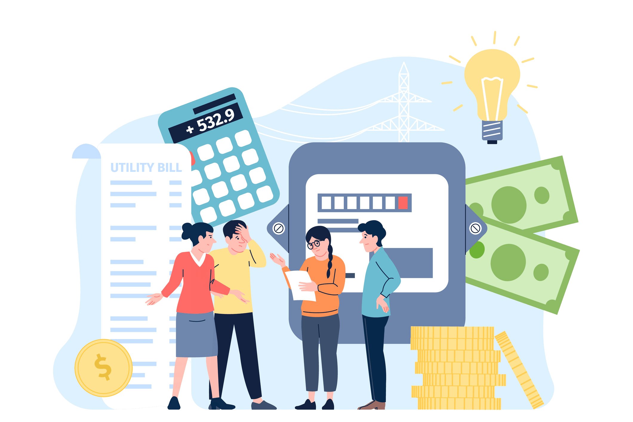 Electricity bills. People look on electricity bill invoice. Male female characters surprised and worried, big use energy. Household power supplies, recent vector scene stock illustration